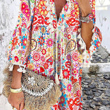 Vestido mini floral bohemio para mujer con dobladillo con borlas y escote con lazo