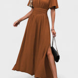 Eterna | Elegante Vestido Maxi Negro con Escote en V, Mangas Anchas y Corte Lateral