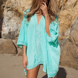 Vestido playero tipo túnica con cuello en V y ribete de crochet para mujer