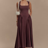 Sharon | Vestido midi de punto de tirantes - Marrón cacao