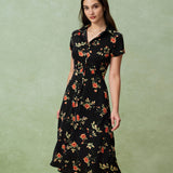 Glória | Vestido Midi Negro con Flores