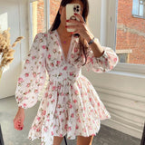 Vestido mini floral con escote en V para mujer, mangas largas y falda con volantes
