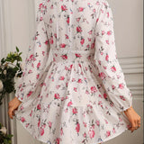 Vestido mini floral con escote en V para mujer, mangas largas y falda con volantes