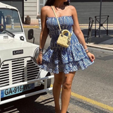 Vestido mini fruncido sin tirantes para mujer con falda escalonada con volantes