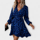 Vestido elegante con estampado de leopardo y escote en V con cinturón ajustable