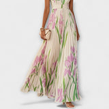 Penélope™ | Vestido maxi de chiffon con flores fruncidas