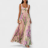 Penélope™ | Vestido maxi de chiffon con flores fruncidas