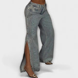 Nola - Pantalones de tiro alto con piedras y botones laterales