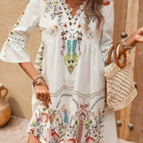 Vestido mini bohemio bordado para mujer con mangas 3/4 y escote en V