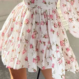 Vestido mini floral de corte A para mujer con escote en V y mangas largas