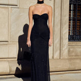 Vestido Maxi Sin Tirantes con Brillo – Elegante Vestido de Noche Arrugado para Mujeres