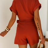 Vestido mini cruzado de manga corta para mujer con lazo en la cintura y cuello