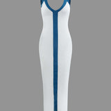 Vestido Maxi de Cóctel con Cuello en V y Textura Acanalada en Bloques de Color