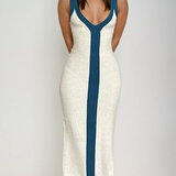 Vestido Maxi de Cóctel con Cuello en V y Textura Acanalada en Bloques de Color