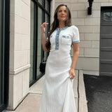 Vestido Maxi de Punto Acanalado Blanco – Vestido Elegante de Verano de Manga Corta para Mujeres
