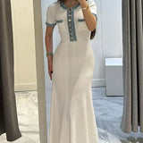 Vestido Maxi de Punto Acanalado Blanco – Vestido Elegante de Verano de Manga Corta para Mujeres