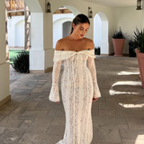 Elegante Maxi Vestido de Encaje Off-Shoulder para Invitadas de Boda