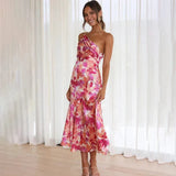 Elegante vestido de cóctel floral de un solo hombro