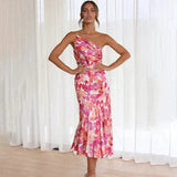 Elegante vestido de cóctel floral de un solo hombro