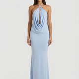 Vestido Maxi de Cuello Halter – Vestido de Noche Elegante y Drapado para Mujeres