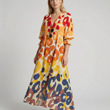 Vestido de Impresión de Círculo Geométrico – Estilo Vintage de Manga Abullonada A-Line para Verano