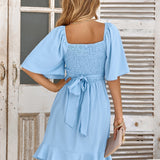 Claire | Vestido Midi Azul Verano con Cinturón Envolvente