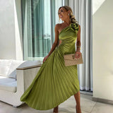 Elegante Vestido Midi de Ocasión Especial con Pliegues en el Hombro