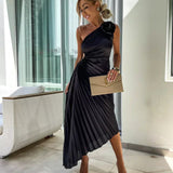 Elegante Vestido Midi de Ocasión Especial con Pliegues en el Hombro
