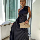 Elegante Vestido Midi de Ocasión Especial con Pliegues en el Hombro