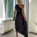 Elegante Vestido Midi de Ocasión Especial con Pliegues en el Hombro