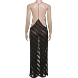 Vestido Maxi Halter de Malla Transparente con Espalda Abierta