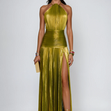 Vestido Maxi Halter Plisado Metálico