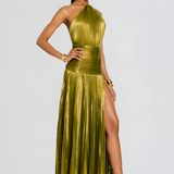 Vestido Maxi Halter Plisado Metálico