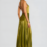 Vestido Maxi Halter Plisado Metálico