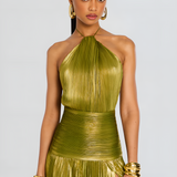 Vestido Maxi Halter Plisado Metálico