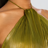 Vestido Maxi Halter Plisado Metálico