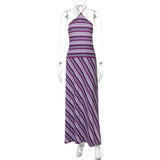 Vestido Maxi de Cuello Halter – Vestido de Silueta Rayada para Mujeres