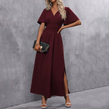 Eterna | Elegante Vestido Maxi Negro con Escote en V, Mangas Anchas y Corte Lateral