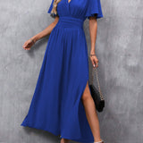 Eterna | Elegante Vestido Maxi Negro con Escote en V, Mangas Anchas y Corte Lateral
