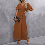 Eterna | Elegante Vestido Maxi Negro con Escote en V, Mangas Anchas y Corte Lateral