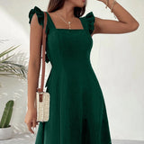 Vestido ajustado y acampanado para mujer con tirantes con volantes y escote cuadrado