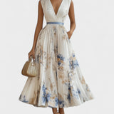 Jessie | Elegante Vestido Floral en Azul y Blanco