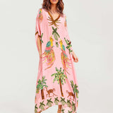 Alessandra | Vestido Largo con Loros Negros y Rosados