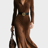 Estilo retro occidental con cuello de ante sintético, midi con abertura