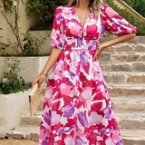Elegante Vestido Midi Floral de Fiesta con Mangas Abullonadas
