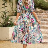 Elegante Vestido Midi Floral de Fiesta con Mangas Abullonadas