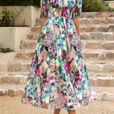 Elegante Vestido Midi Floral de Fiesta con Mangas Abullonadas