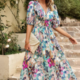 Elegante Vestido Midi Floral de Fiesta con Mangas Abullonadas