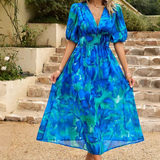 Elegante Vestido Midi Floral de Fiesta con Mangas Abullonadas