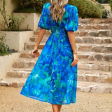 Elegante Vestido Midi Floral de Fiesta con Mangas Abullonadas